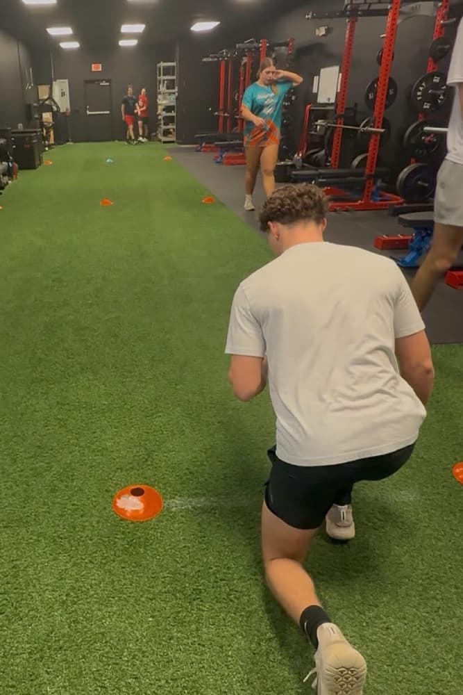 Athlete set at the cones for a lateral shuffle start
